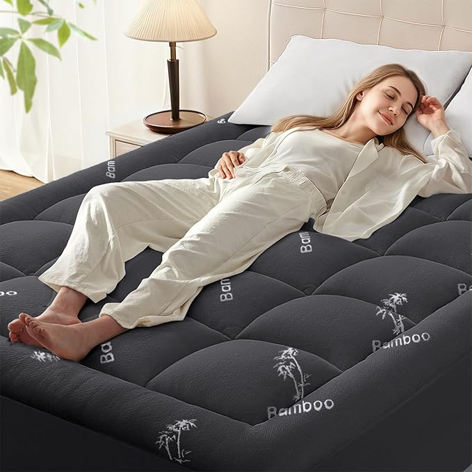 Anluoer Memory Foam Mattress Topper Full for Back Pain, Rayon Derived from Bamboo Pillow Top Mattress Topper for Hot Sleepers,Cooling Mattress Pad with 8-21" Deep Pocket, 54x75 Inches, Dark Grey