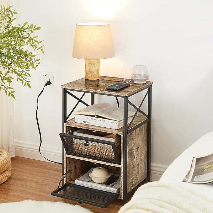 VECELO Grey Side End Tables with Charging Station,24" Set of 2 Nightstand with USB Ports and Outlets Bedside Furniture for Living Room, Bedroom,Sofa Couch