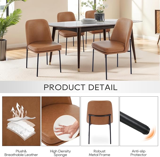 COLAMY Modern Dining Chairs Set of 4, Faux Leather Upholstered Dining Room Chairs Kitchen Chairs Dinner Chair with Curved Back and Metal Legs, Brown