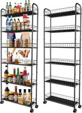 Slim Storage Cart with Wheels, 6-Tier 6in Black Narrow Rolling Shelf,Sturdy Slim Storage Ideal for Kitchen, Bathroom, and Laundry Room