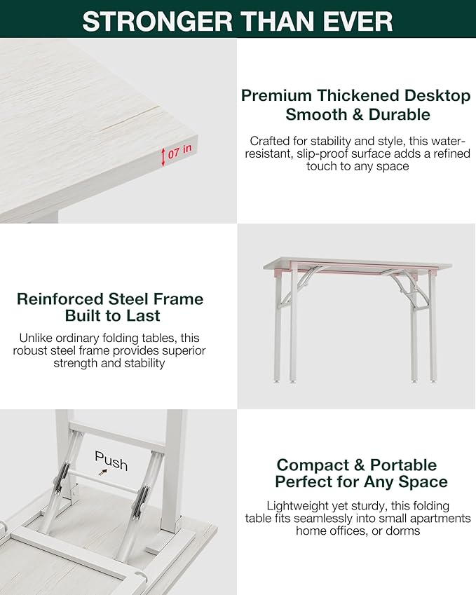 Frylr Small Folding Computer Desk – 43.3 Inch Portable Table for Craft and Study, Lightweight Desk for Small Spaces, Foldable Laptop Table Built-in AC/USB Outlets for Convenience, White Ash