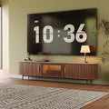 POVISON Fully-Assembled Mid Century Modern Black TV Stand with White Matte Travertine Stone Tabletop & LED Lights, Rolling Door Media Console, Wood TV Console for Living Room