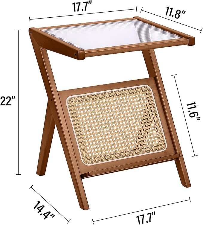 Tiita Rattan Nightstand Side Table, Bamboo Accent Bedside Tables, Glass Coffee Tables, Boho Wooden End Table with Storage for Small Space, Living Room and Bedroom