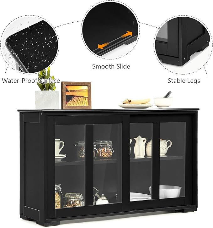 Costzon Sideboard Buffet Cabinet, Wooden Kitchen Storage Cabinet with Adjustable Shelf, Sliding Glass Doors, Accent Coffee Bar Cabinet Console Table for Living Room, Dining Room, Hallway (Black)