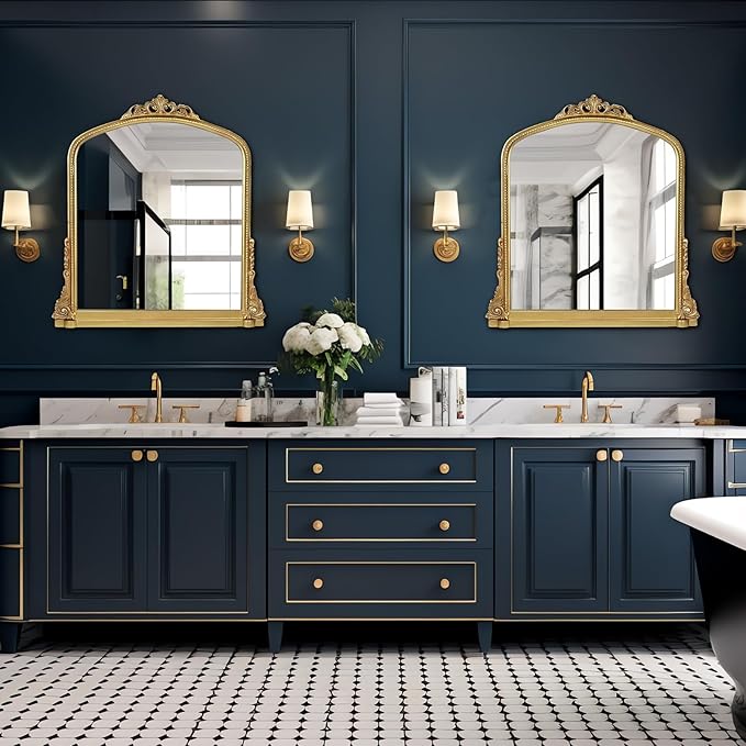 Traditional Ornate Arched Wall Mirror Baroque Vintage Framed Bathroom Vanity Large Rectangle Gilded, 34''H x 32'' W, Antique Gold