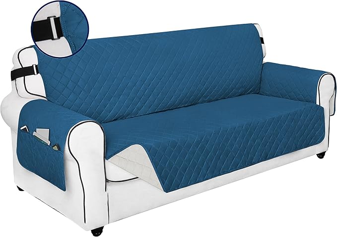 PureFit Reversible Sofa Couch Cover Water Resistant Couch Covers for 3 Cushion, Washable Furniture Cover with Non-Slip Foam and Adjustable Strap for Dogs, Pets (Oversized Sofa, Peacock Blue/Ivory)