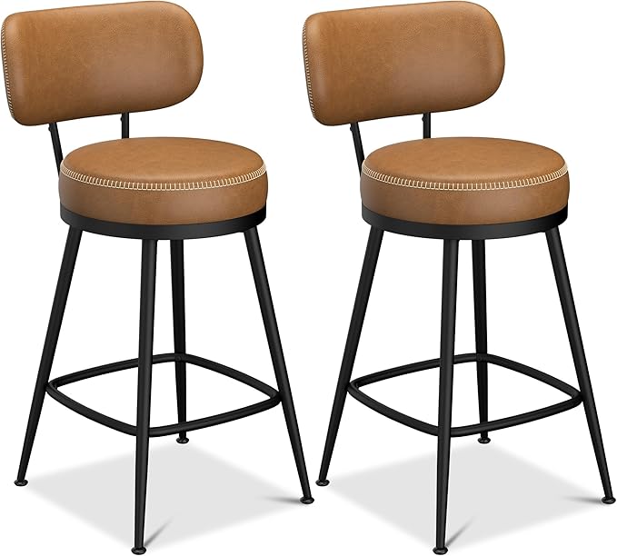 Counter Height Bar Stools, 26" H Swivel Barstools Set of 4, Faux Leather Kitchen Counter Stools with Back and Stylish Stitching, Metal Frame, Pub, Home Bar, Whisky Brown