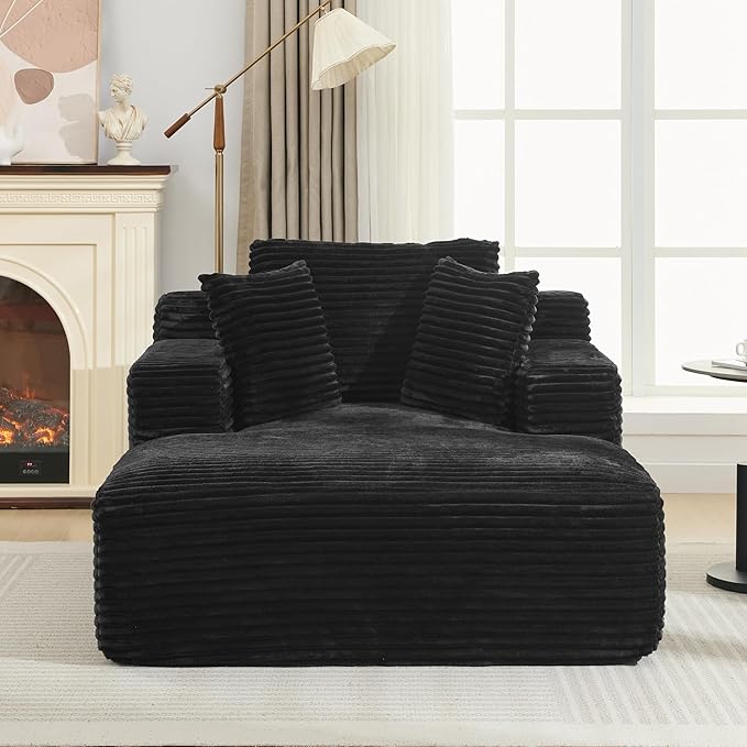 Oversized Chaise Daybed Lounge Sleeper Chair Sofa Bed Indoor, Fluffy Corduroy Upholstered Sleeper Recliner Sofabed Full Foam Boneless Cloud Sofabed W/3 Pillows for Home/Apartment Living Room Bedroom