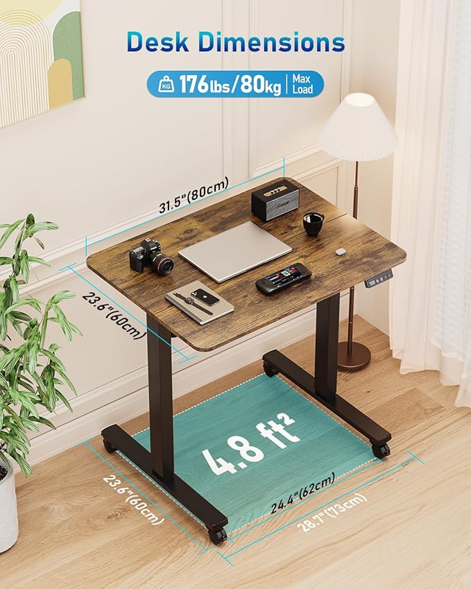 Small Height Adjustable Electric Standing Desk, 31.5" x 23.6" Sit Stand up Desk with Splice Board, Ergonomic Rising Computer Home Office Desk Table with Memory Preset, Black Frame/Rustic Brown Top