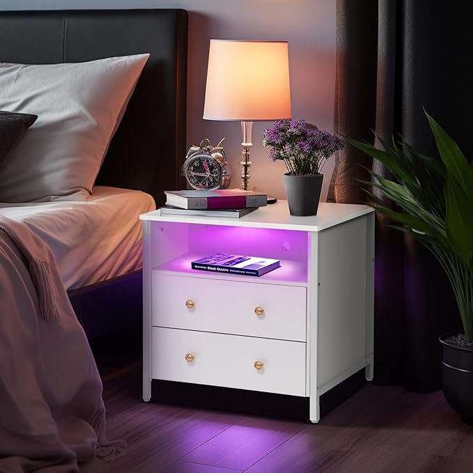 27 Inch Wide Night Stand, Large Wood Night Stand Set 2 with 2 Drawers, LED Nightstand with Charging Station and Adjustable Drawer, Bedside Table for Living Room/Bedroom/Study/Office, White.