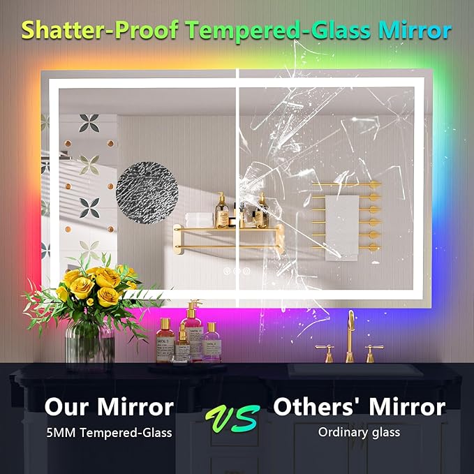55x36 Inch RGB LED Bathroom Mirror Front Light and RGB Backlit Lighted Vanity Mirror for Bathroom Wall Mounted Dimmable Anti Fog Memory Shatter-Proof IP54 Waterproof Horizontal/Vertical