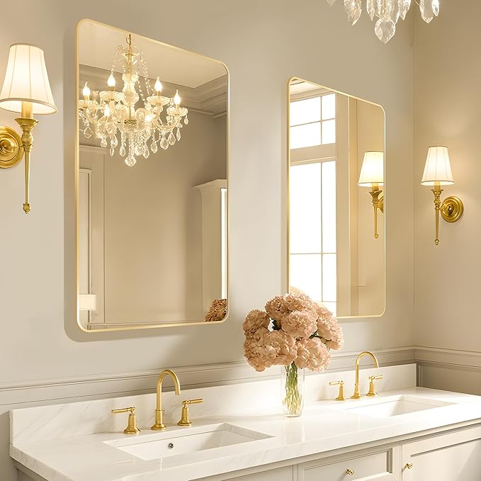 20x28 Rounded Rectangle Bathroom Mirrors for Over Sink, Gold Vanity Mirror with Metal Frame Wall Mounted, Modern Farmhouse Mirror for Restroom, Bedroom, Entryway Decor