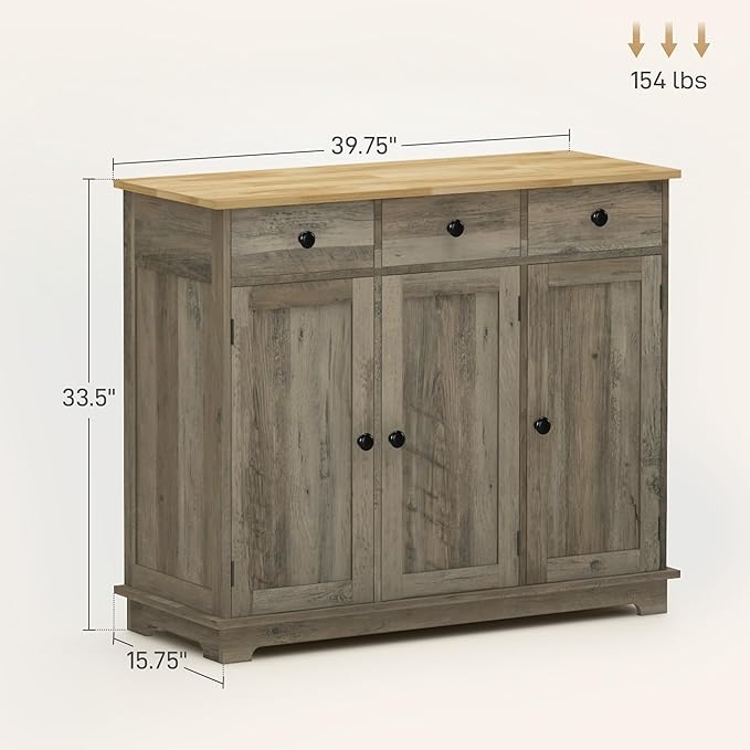 HOMCOM Sideboard with Solid Wood Countertop, Modern Kitchen Storage Cabinet, Coffee Bar Cabinet with 3 Drawers, Doors and Adjustable Shelf, Distressed Gray