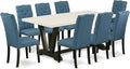East West Furniture V627EL121-9 9 Piece Dining Table Set Includes a Rectangle Dining Room Table with V-Legs and 8 Blue Linen Fabric Upholstered Parson Chairs, 40x72 Inch, Multi-Color