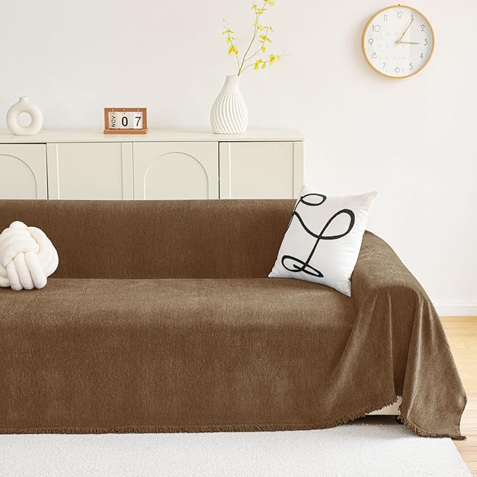 hyha Couch Cover for Dogs, Boho Sofa Covers for 3 Cushion Couch Washable, Chenille Sofa Slipcover for Pets, Soft Loveseat Sectional Couch Throw Blankets with Tassels (Chocolate, 71x150 Inch)