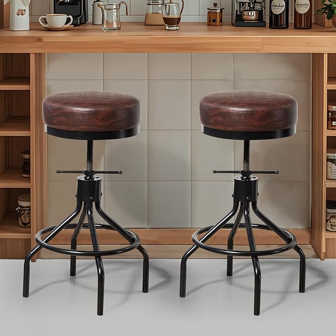 Counter Height Bar Stools Set of 3 Adjustable Swivel Barstools Industrial Modern PU Leather 28inch Round Backless Counter Height Stool Metal Bar Chair for Kitchen Island (3, Walnut)