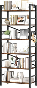 6 Tier Bookshelf, Industrial Bookcase with 8 Hooks, Vintage Storage Rack with Open Shelves, Rustic Standing Bookshelves Metal Frame Display Rack for Living Room, Bedroom, Rustic Brown