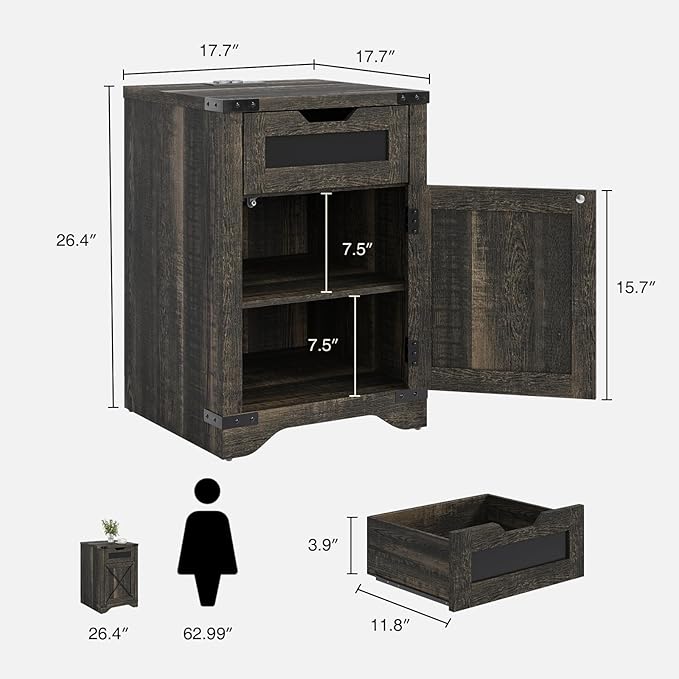 Farmhouse End Table with Charging Station, 26.4" Tall Rustic Nightstand with Drawer and X Barn Door, Country Bedside Sofa Side Table for Living Room, Dark Brown