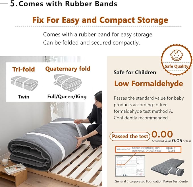 EMOOR Japanese Wool-Blend Padded Futon Mattress GOMA Full Dark Gray, Gusset Foldable Sotrable Elastic Bands Floor Sleeping Guest Bed Tatami Mat