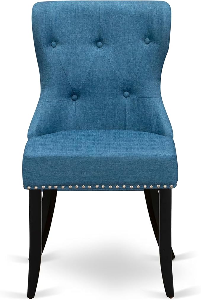NKSI9-SBB-21-9-Piece Kitchen Table Set Consists of a Dinner Table and 8 Blue Linen Fabric Upholstered Chairs with Button Tufted Back - Sand Blasting Black Finish