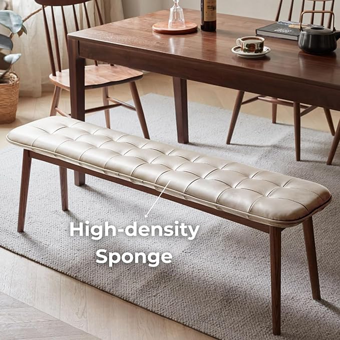 Upholstered Bench, 51.18 in Natural Oak Wood for Dining Table Bench for Living Room with Leather Cushion, End of Bed Footrest Stool Khaki