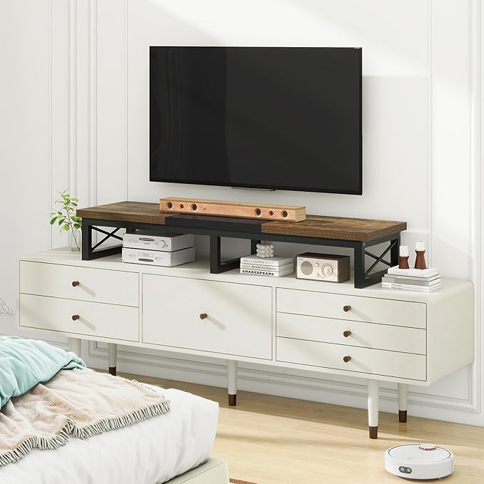 IBUYKE 45" Large TV Riser for 32-60 inch TV,Tabletop Short TV Stand with Storage and Steel Legs,Dual Screen Office Desk,Stand Riser,TV Riser Stand for Home,Bedroom,Living Room,Rustic Brown TVT002H