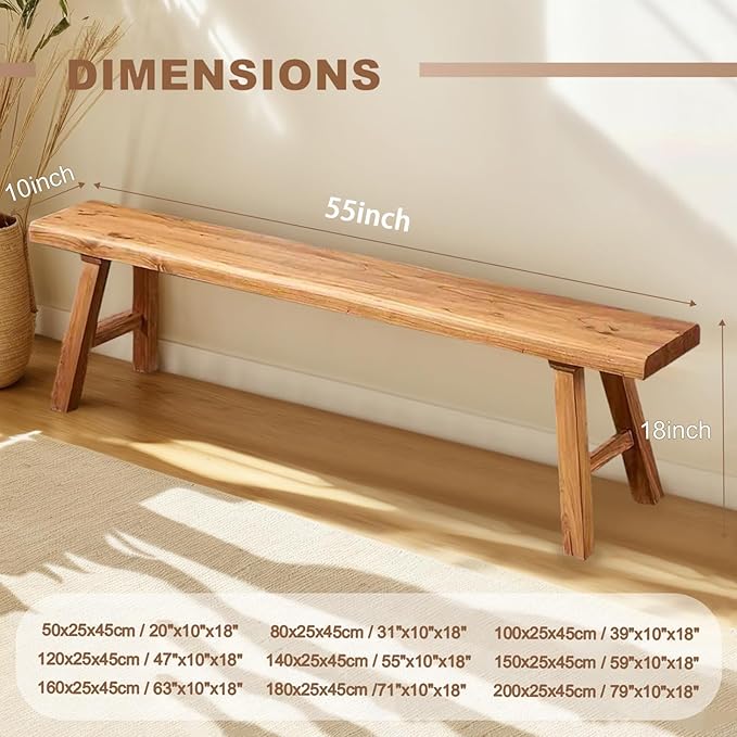 Farmhouse Solid Wood Bench: Long Rustic Indoor Narrow Wooden Bench for Entryway,Living Room, Dining Room,End of Bed,Hallway (55" Lx10 Wx18 H)