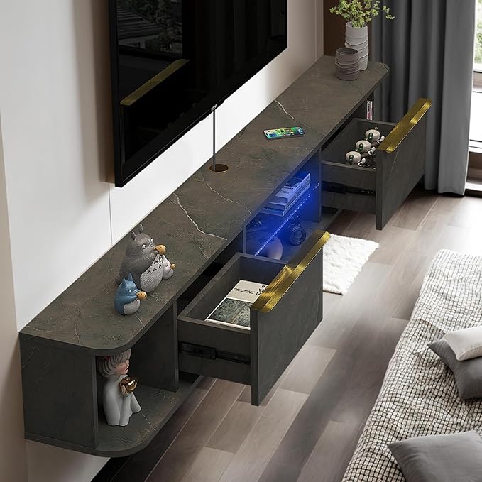 Pmnianhua LED Floating TV Stand with 2 Drawers for 75 inch TV,70'' Floating TV Console with LED Lights,Floating Entertainment Shelf with Storage for Bedroom Playroom Living Room(Dark Grey)