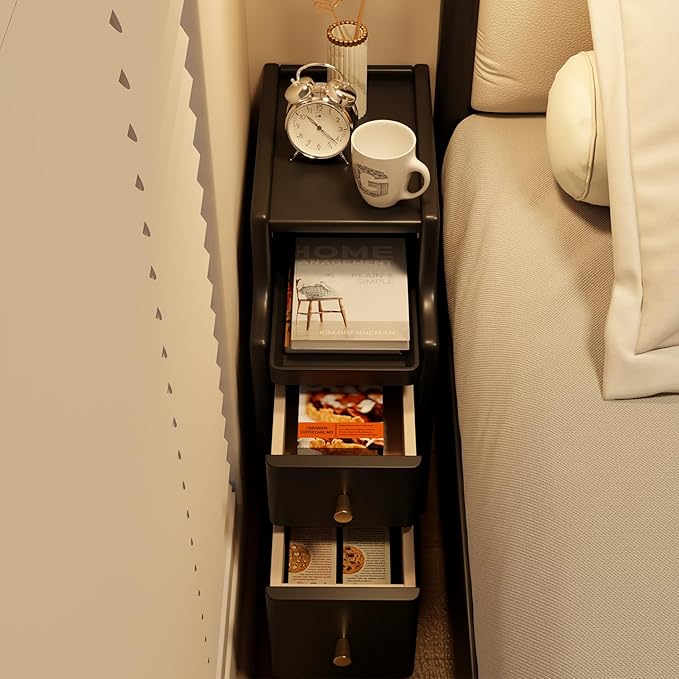 Narrow Nightstand with Drawers, Wood Bedside Table, Small Black Nightstand Set of 2
