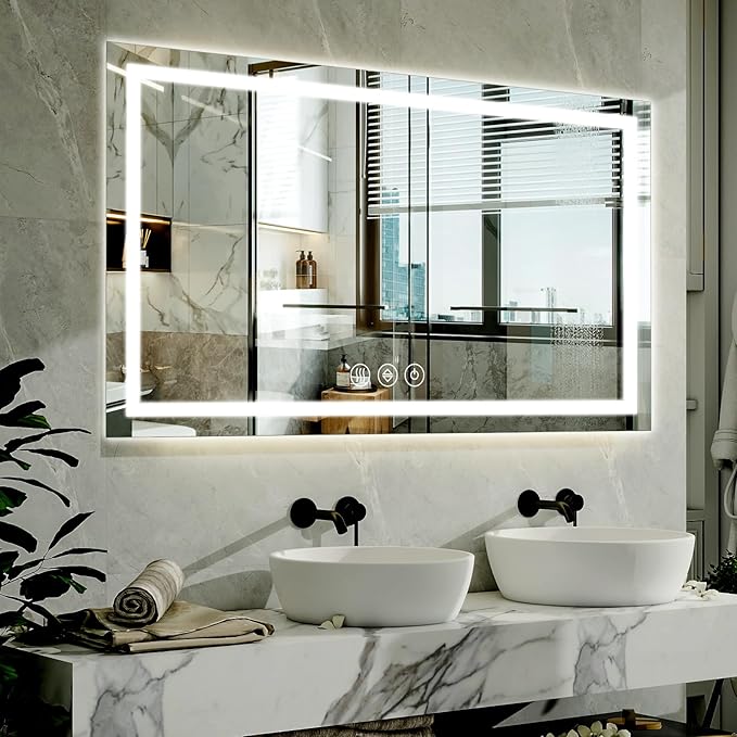40"x 60"LED Bathroom Mirror, Backlit + Front Lit, LED Bathroom Mirror with Lights for Wall, 3 Colors, Anti-Fog, Dimmable Brightness, Memory Function, Tempered Glass