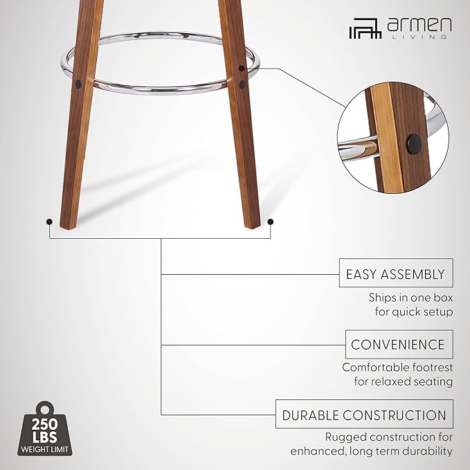 Armen Living Shelly 30" Bar Height Swivel Cream Faux Leather and Walnut Wood Bar Stool - Set of 2