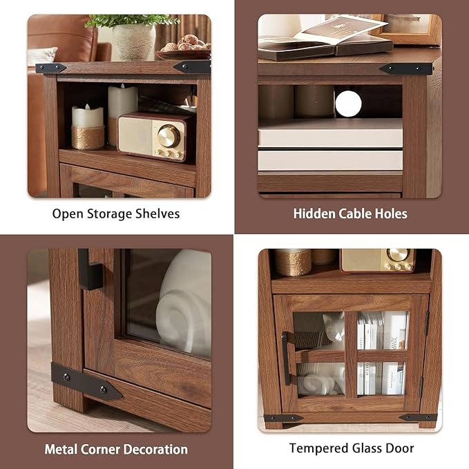 Farmhouse Nightstand with Charging Station, Rustic End Table with Tempered Glass Barn Door, Wood Sofa Side Bedside Table with Open Storage Shelf for Living Room, Bedroom, Brown