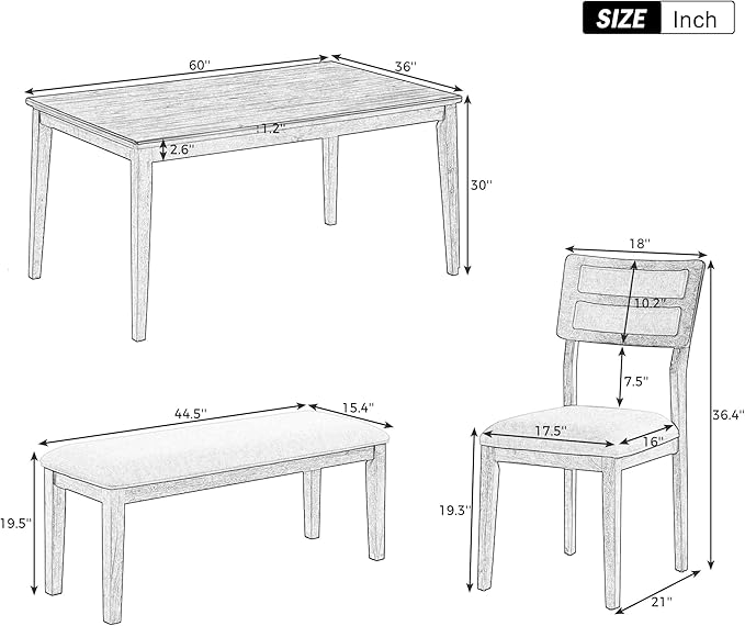 Ball & Cast 6-Piece Dining Table Set for 6,Kitchen Table Set W/ 4 Upholstered Chairs & 1 Bench,Living Room Furniture W/ 60" Rectangle Table & Foot Pad,for Dining Room,Kitchen,Restaurant,White+Gray