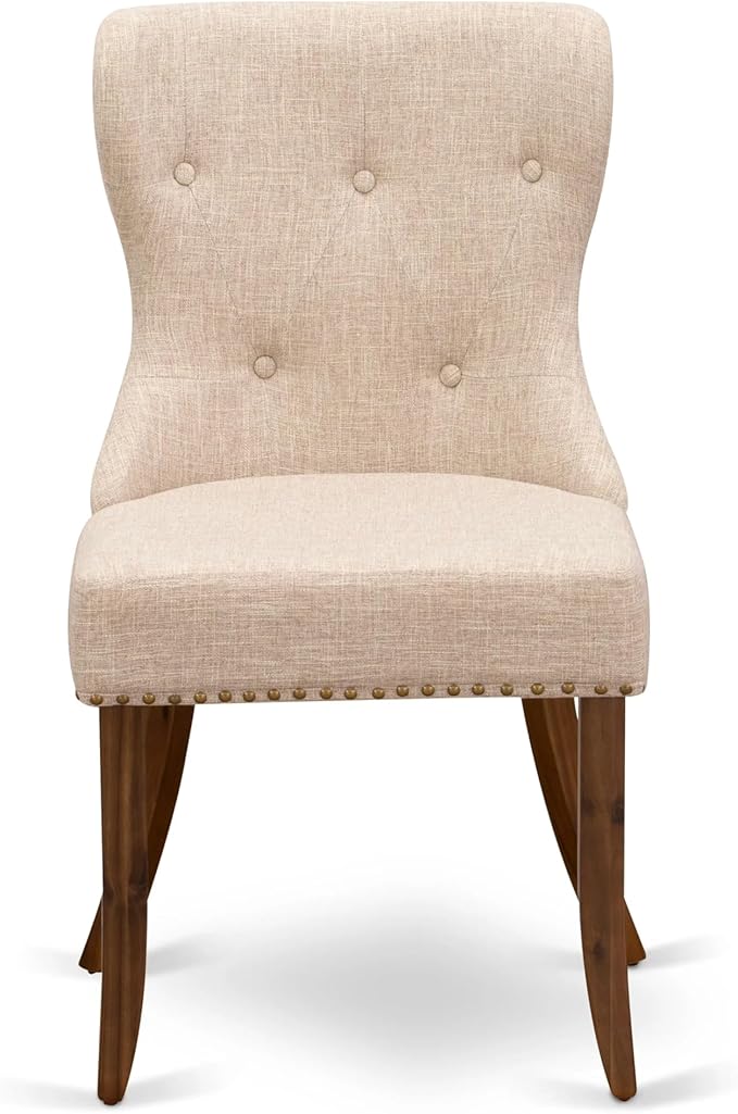 East West Furniture AMSI3-AWA-04 3 Piece Dining Set for Small Spaces Contains a Round Kitchen Table with Pedestal and 2 Light Tan Linen Fabric Parson Chairs, 36x36 Inch, Walnut