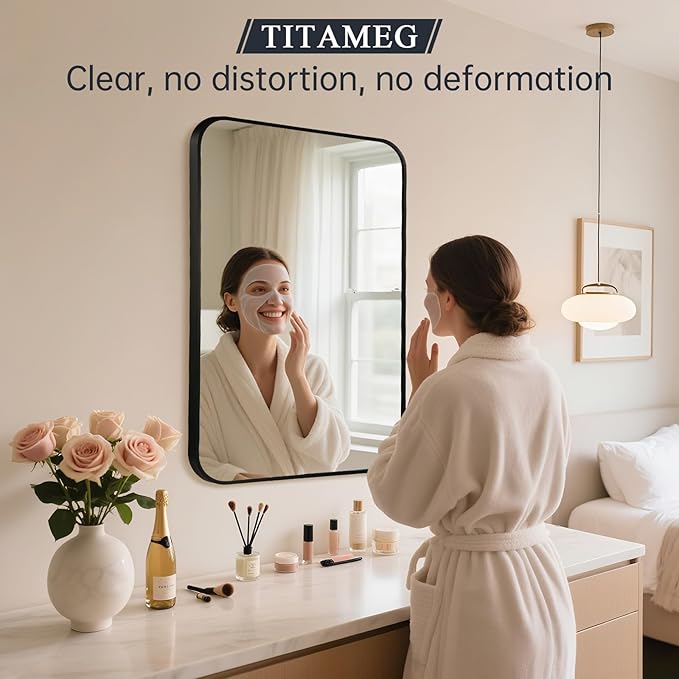 16x24 Inch Bathroom Mirror for Wall,Matte Black Framed Rectangle Mirror with Rounded Corner,Aluminum Alloy Framed Brushed Wall Mirror for Bedroom or Living Room,Vertical or Horizontal