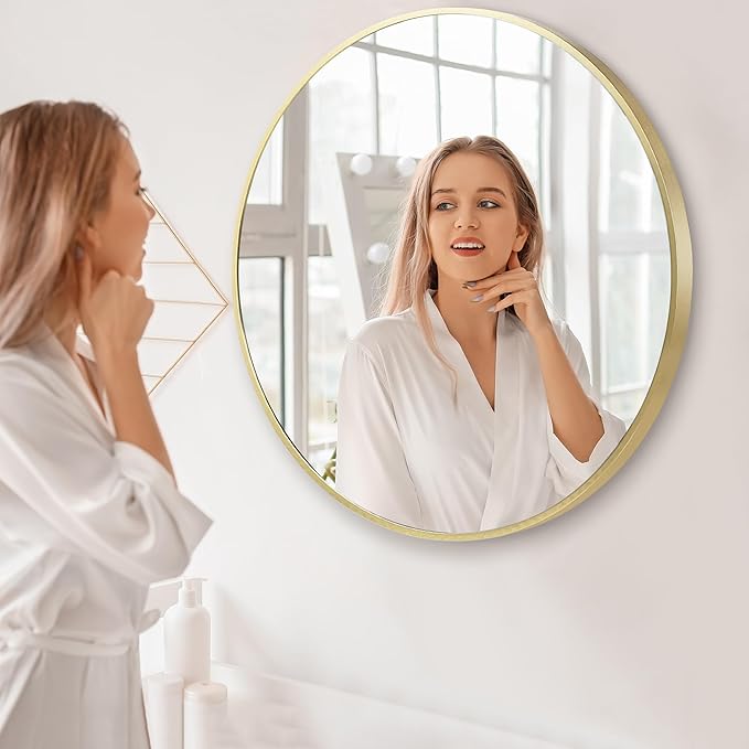 Gold Round Mirror 30 inch, Matte Gold Bathroom Mirror for Vanity, Brushed Metal Framed Circular Wall Mirror for Living Room, Hallway, Entryway
