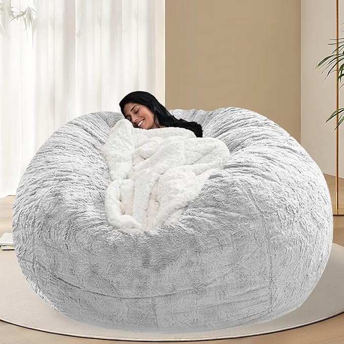 BCU 7FT Big Bean Bag for Adults Kids Without Filling Oversized Bean Bag Chair Cover for Stuffed Animal Storage, Silver White
