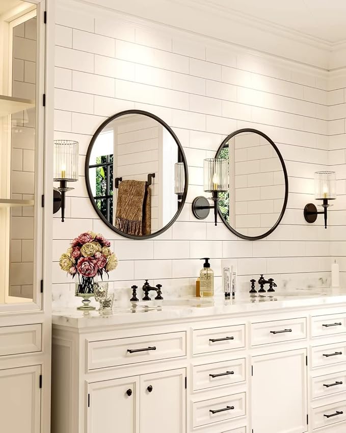 Growsun 28'' Black Round Mirror for Bathroom, Circle Bathroom Mirror for Wall, Entryway Living Room with Metal Frame for Home Decor, 2 Pack