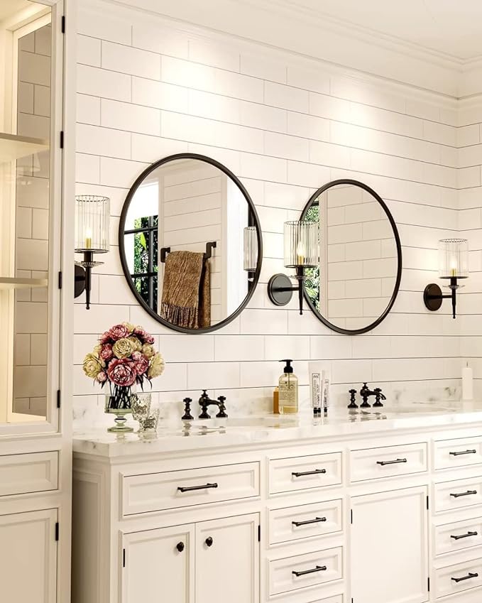 Growsun 30'' Black Round Mirror, Circle Wall Mirror for Bathroom Vanity, Entryway Living Room with Metal Frame for Home Decor