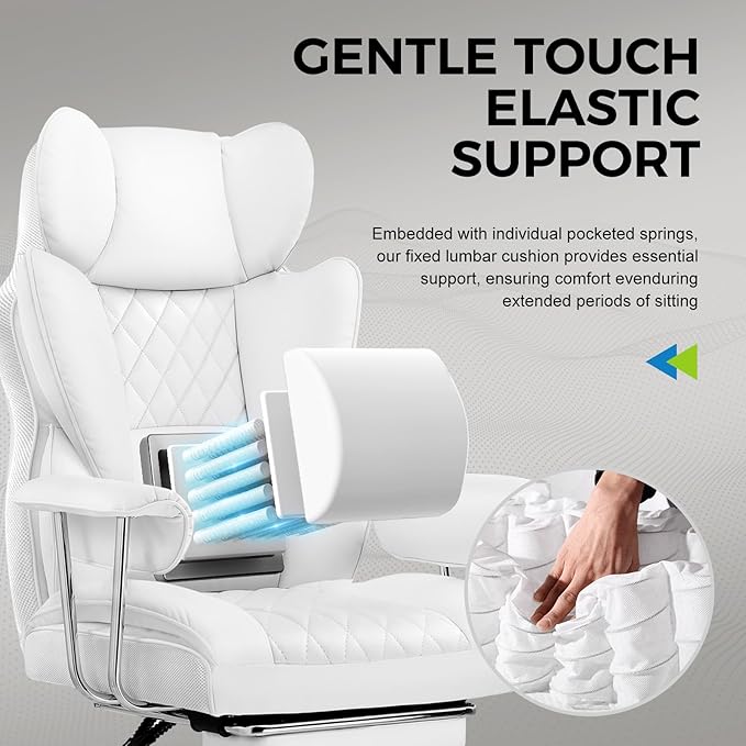 GTRACING Gaming Chair,Office Chair with Pocket Spring Lumbar Support, Ergonomic Comfortable Wide Office Desk Computer Chair with Outward Fixed Soft Armrests and Footrest,(PU Leather, White)