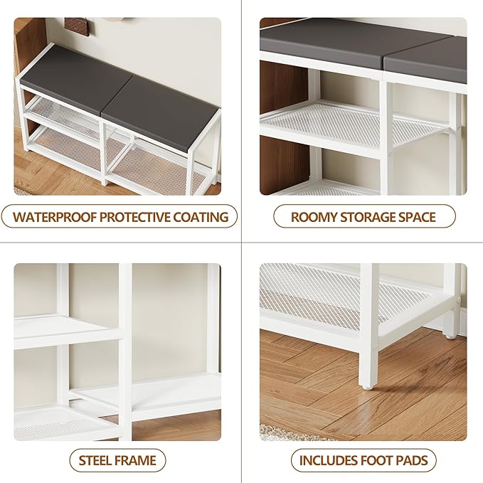 ZHOOGE Shoe Bench & Rack Storage Bench with Seat Cushion, Stable Entryway Bench Holds Up to 300 lb, (35" L x 12" W x 17" H, White)