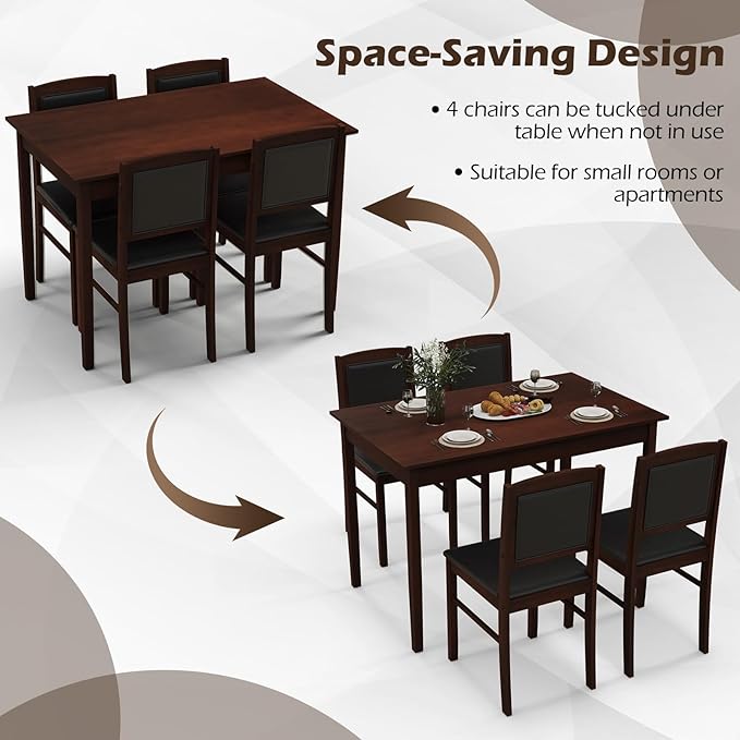 Giantex 5-Piece Dining Table Set for 4 - Breakfast Nook Table Set with Kitchen Table, 4 Upholstered Chairs, Wood Legs, Space-Saving Dinette Set, Kitchen Table Chairs Set of 4 (Cherry Brown)
