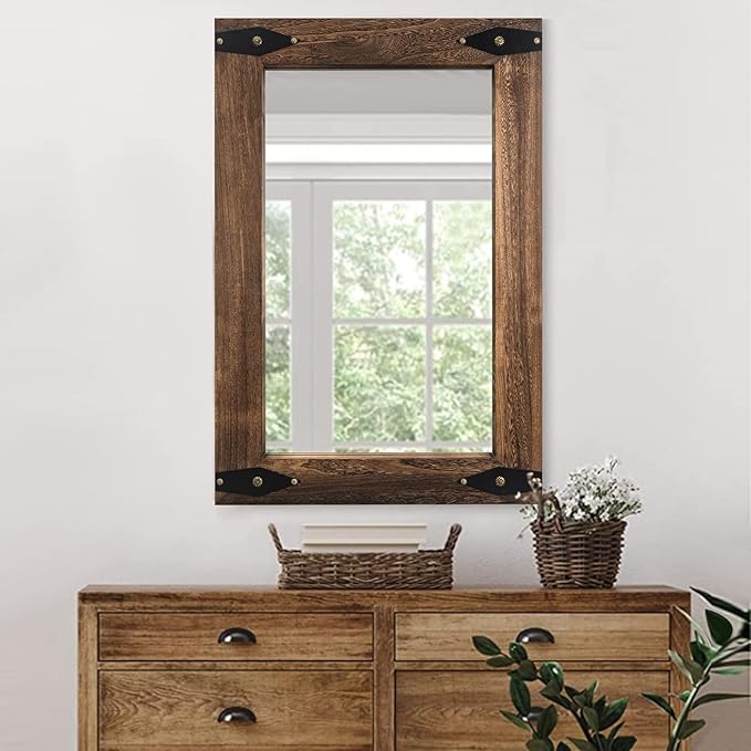 Farmhouse Rustic Mirror Wood Framed for Bathroom, Decorative Bathroom Mirror for Wall Wood, Wall Mounted Rectangular Mirror for Bedroom Living Room, Wood Mirror 24x36 Inch