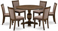 East West Furniture I3MZ7-748 7 Piece Dining Room Table Set Consist of a Round Dining Table with Pedestal and 6 Coffee Linen Fabric Upholstered Chairs, 48x48 Inch, Distressed Jacobean