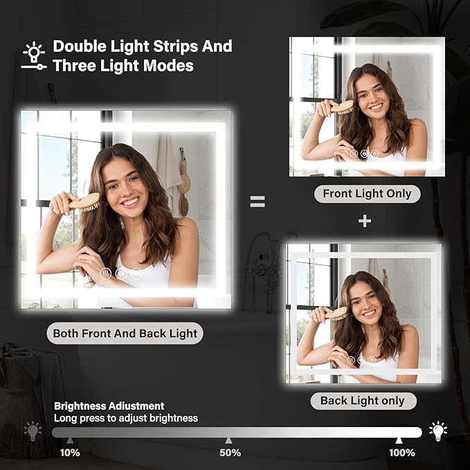 40"x 40" LED Bathroom Mirror, Backlit + Front Lit, LED Bathroom Mirror with Lights for Wall, 3 Colors, Anti-Fog, Dimmable Brightness, Memory Function, Tempered Glass