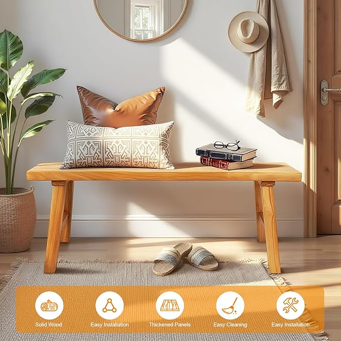 Farmhouse Solid Wood Bench: Long Rustic Indoor Narrow Wooden Bench for Entryway,Living Room, Dining Room,End of Bed,Hallway (20" Lx10 Wx18 H)