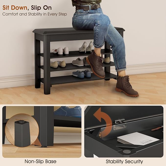 Shoe Rack Bench Seat Rubberwood 3-Tier Wooden Storage Bench 550lbs Compact Mid-Century Modern Design for Entryway, Hallway, Closet, Front Door Entrance, Foyer