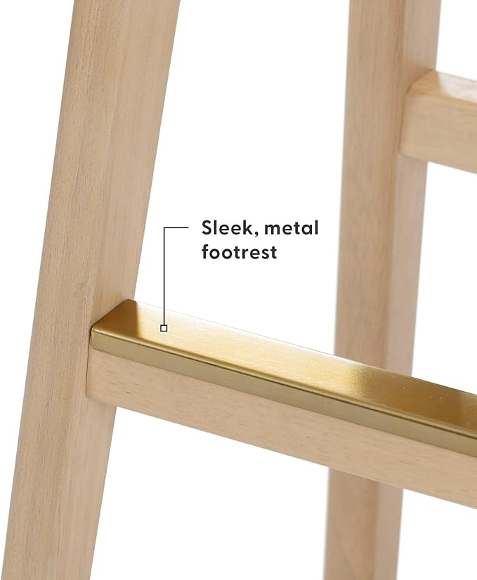 Plank+Beam Beryl Bar Height Stool - Mid-Century Modern Rubberwood Bar Stool with Faux Leather Seat, Metal Footrest, Easy Assembly, Blonde/Sesame