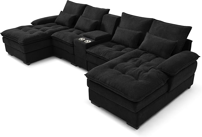 130" U-Shaped Sectional Sofa with Storage Console & Cup Holders, Upholstered 6 Seat Living Room Sleeper Couch Furniture Set w/Chaise, Cloud Cushion Couch for Home, Office, Apartment,Black