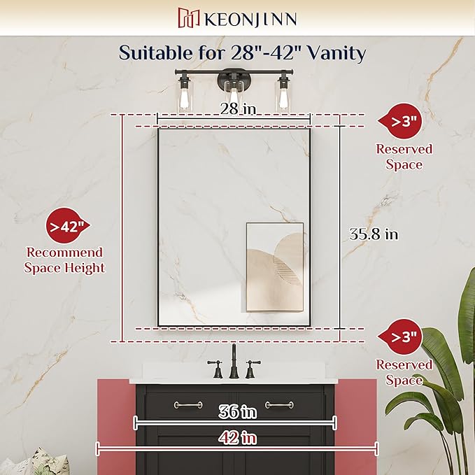 Keonjinn Black Bathroom Vanity Mirror 28 x 36 Inch Rectangle Wall Mirror Metal Framed Farmhouse Mirror Brushed Square Corner Bathroom Mirror for Over Sink, Modern Black Mirror(Horizontal/Vertical)